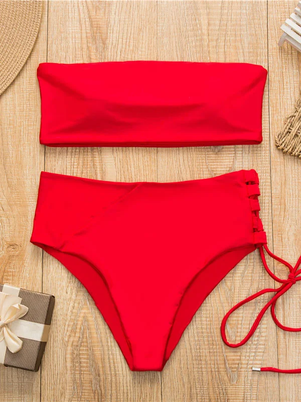 Polychromatic Bandeau Bandage Split Bikini Swimsuit