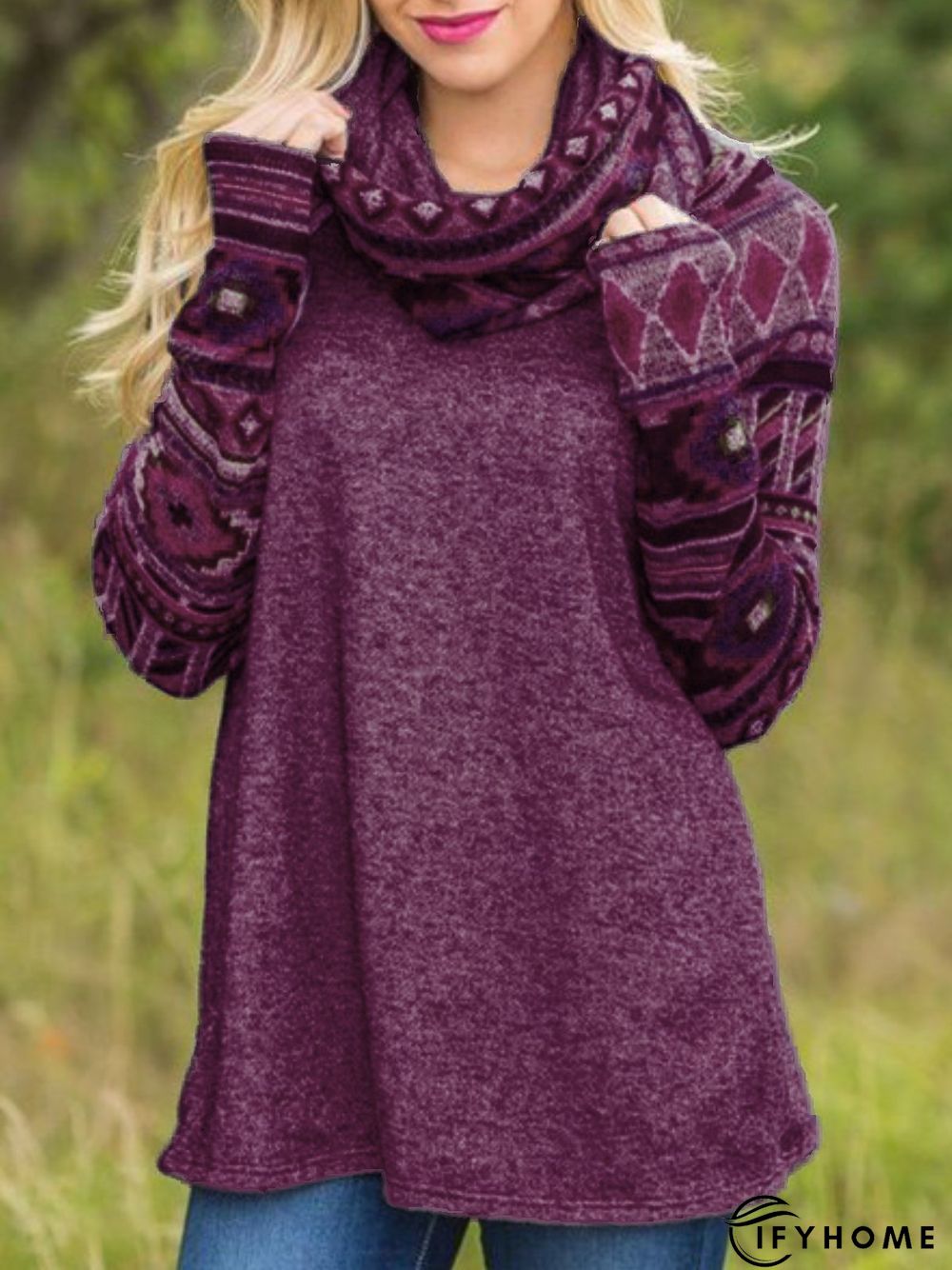 Long Sleeve Printed Cowl Neck Casual Tunic Top | IFYHOME