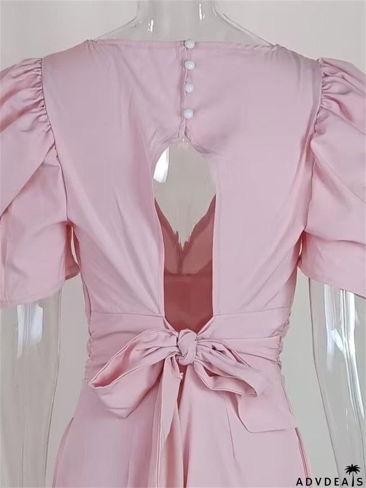 Women's Elegant Deep V-neck Puff Short Sleeve Straight Leg Jumpsuit