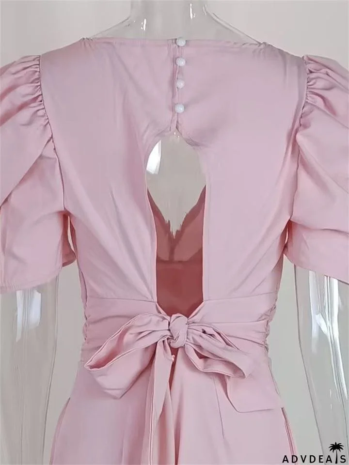 Women's Elegant Deep V-neck Puff Short Sleeve Straight Leg Jumpsuit