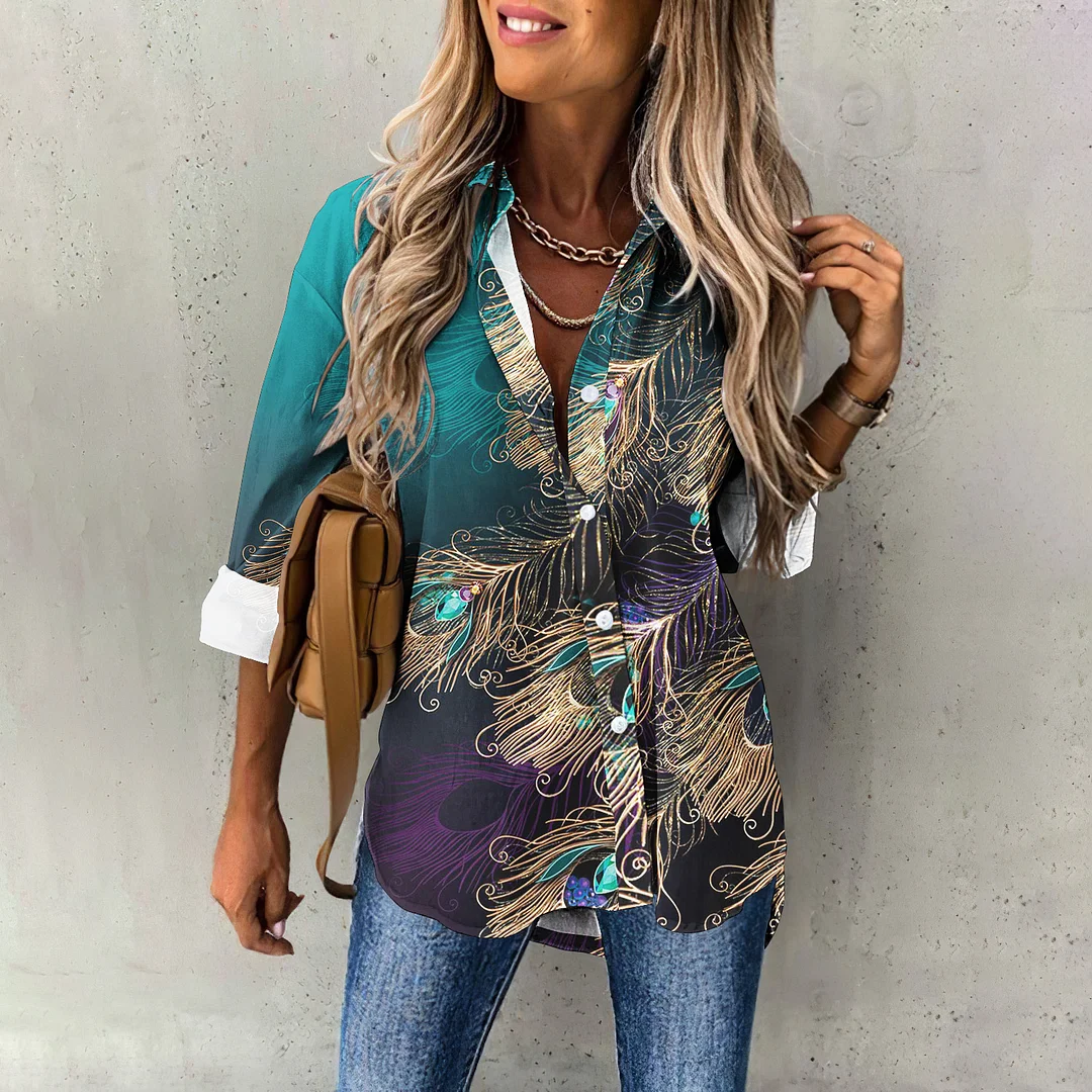 Women's Vintage Peacock Feather Print Long Sleeve Shirt