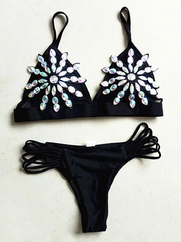 Gorgeous Embellished Hollow Triangles Split Bikini Swimsuit