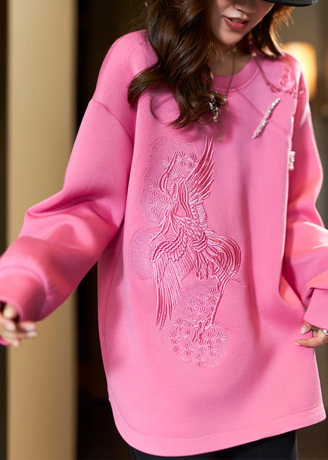 Women Pink O-Neck Embroideried Cotton Sweatshirt Long Sleeve