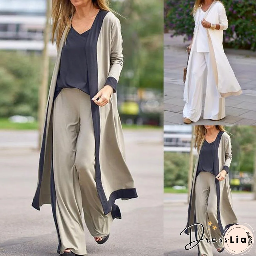 New Fashion1 Set Cardigan Camisole Pants Color Block Wide Leg Women Elegant Long Sleeve Mid Waist Outfit For Office