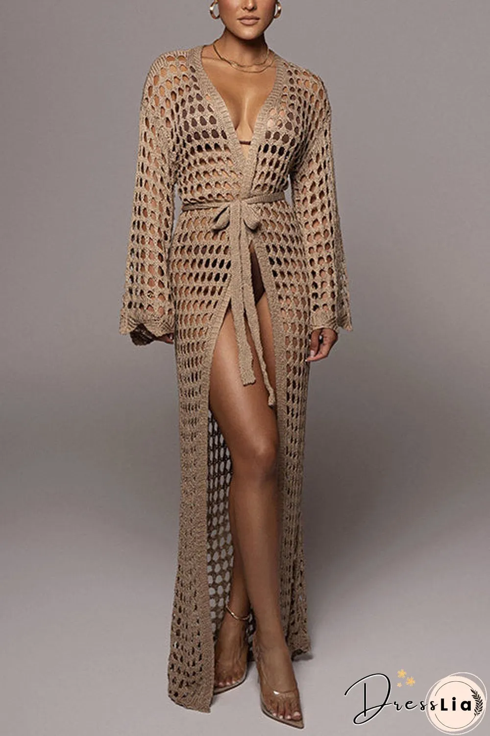 Knitted Pierced Solid Color Beach Coat