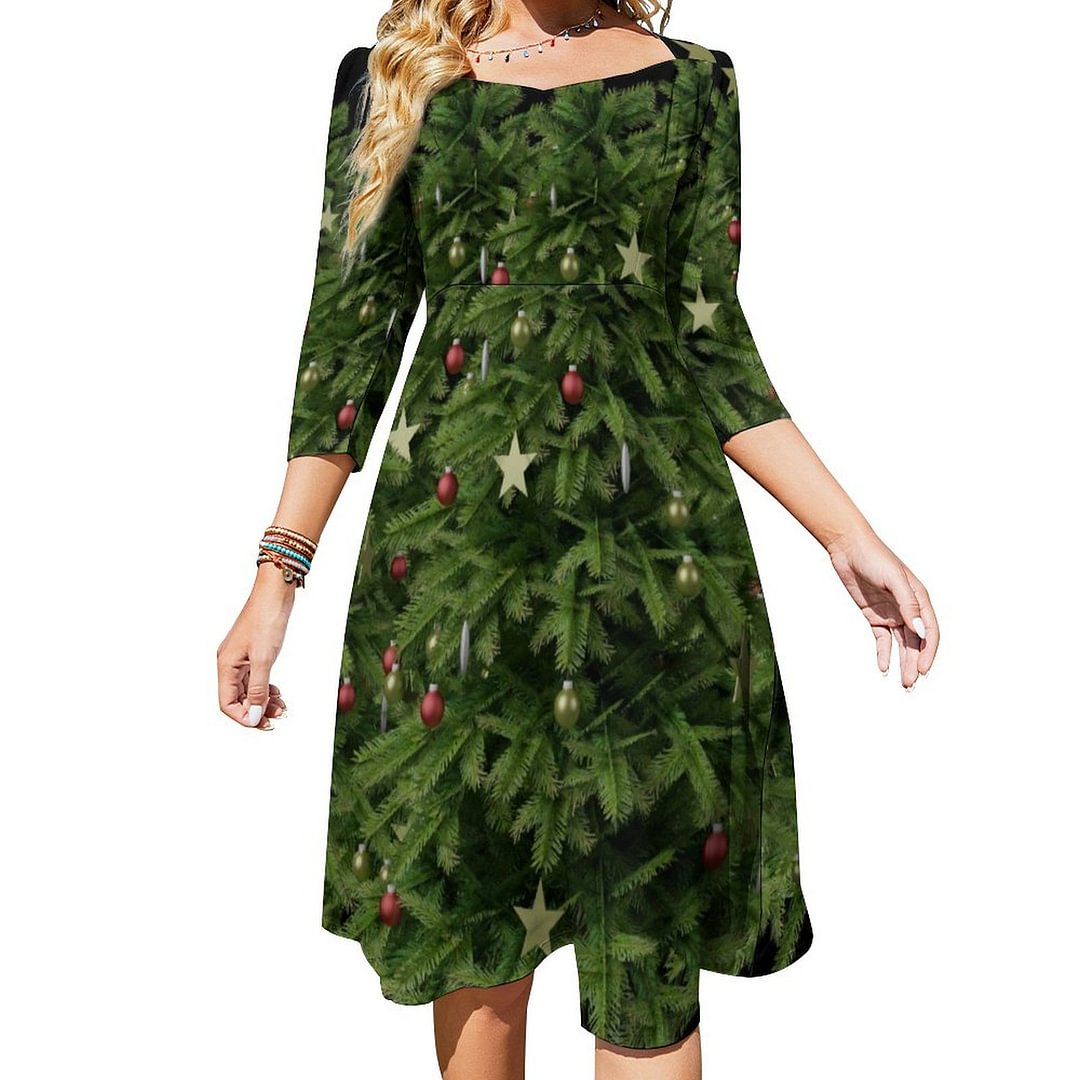 Oh Christmas Tree Holiday Dress Sweetheart Tie Back Flared 3/4 Sleeve Midi Dresses