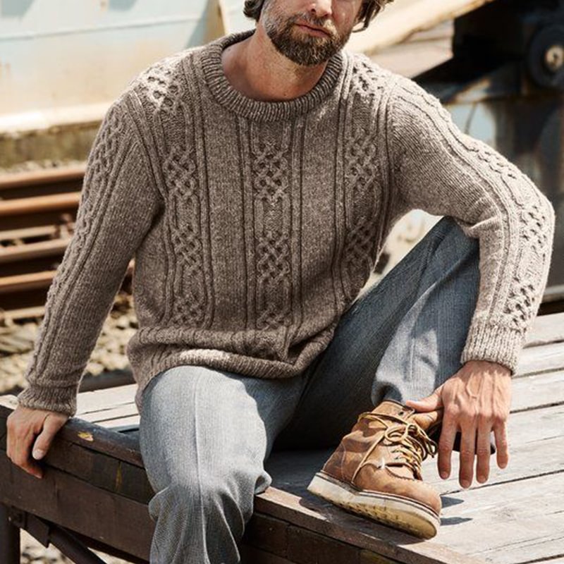 Men's Vintage Hemp Jacquard Crew Neck Pullover Sweater