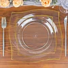 10 Pack | 8" Clear / Gold Wavy Rim Modern Square Plastic Dessert Plates, Disposable Salad Appetizer Party Plates