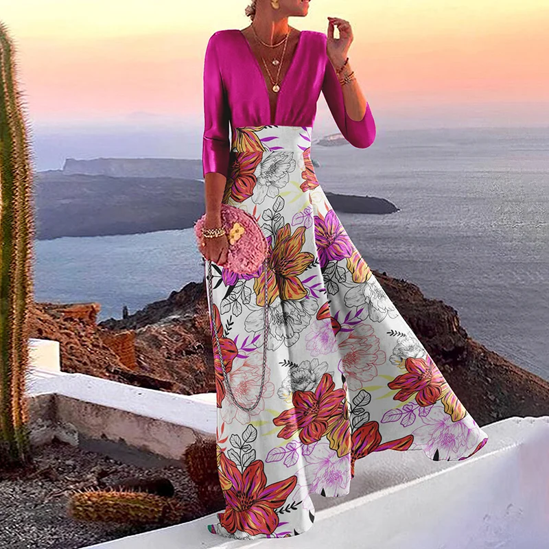 Floral Print Color Block Maxi Dress