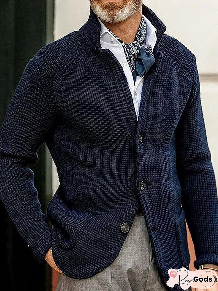 Solid Color Stand Collar Cardigan Men's Knitted Coat