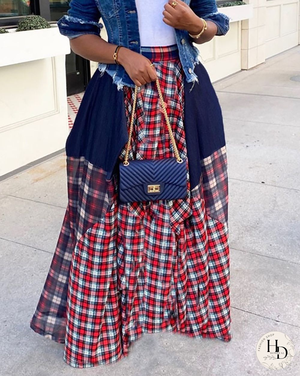 Plaid Colorblock Pleated Maxi Skirt