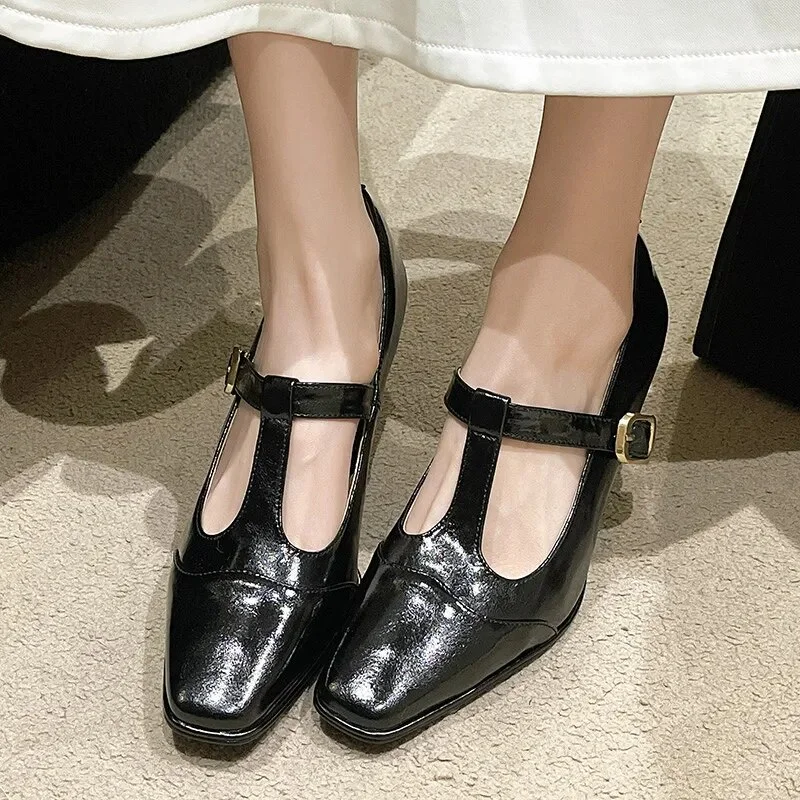 Canrulo Mary Janes Shoes Women 2024 Spring Pumps Square Toe Chunky Heel Leather Shoes Women Classics Elegant Mid-heel High Heels