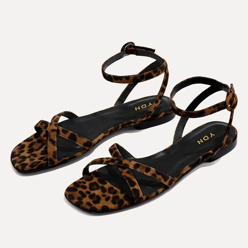 Leopard Print Open Square Toe Strappy Flat Sandals for Women