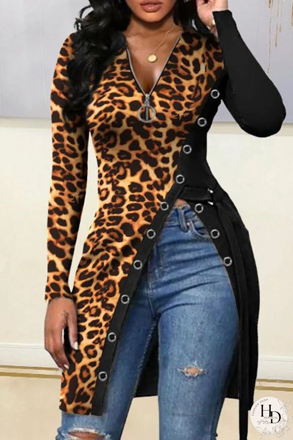 Leopard Print Sexy Print Patchwork Asymmetrical Zipper Zipper Collar Tops