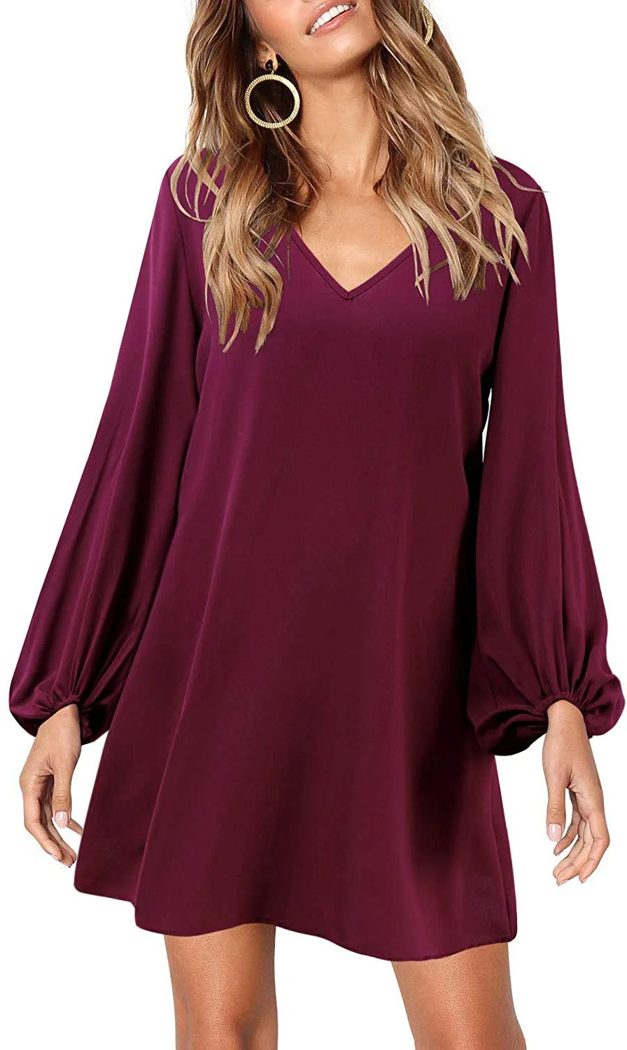 Women's Casual Chiffon Tunic Dress Long Sleeve V Neck Loose Flowy Swing Dresses