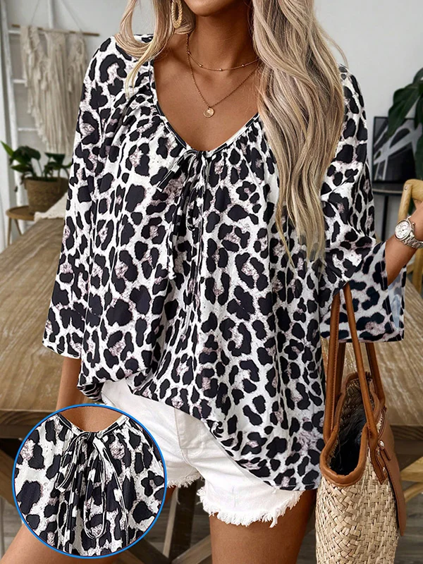 Printed Leopard Drawstring Three-Quarter Sleeves Loose V-Neck Blouses&Shirts Tops