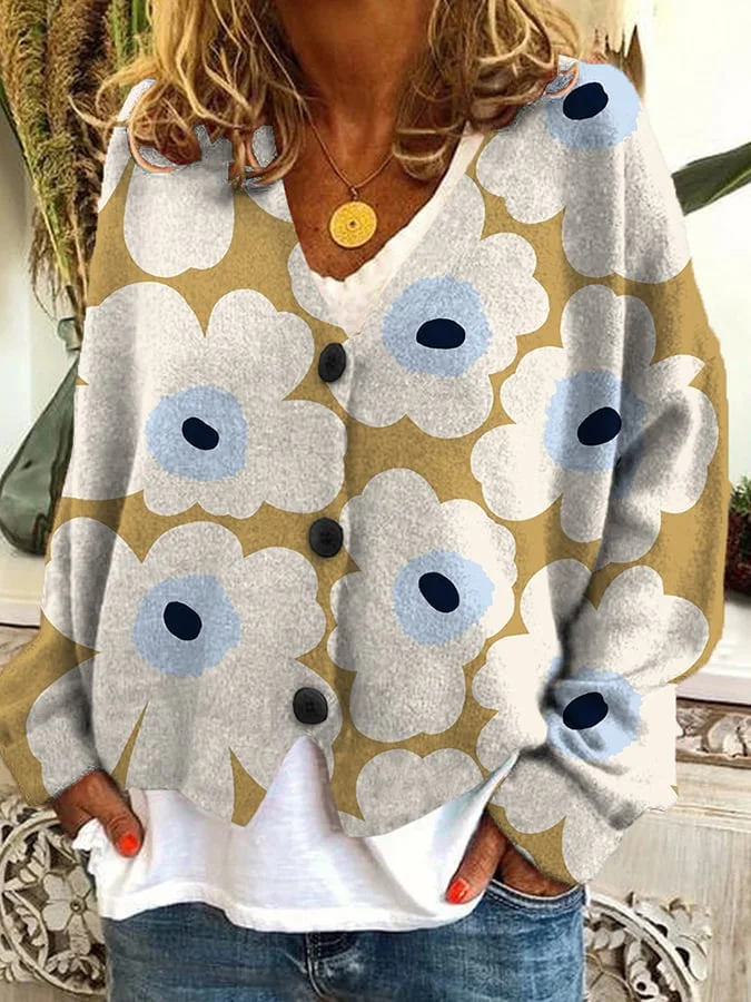 Floral Print Casual Button Flannel Cardigan