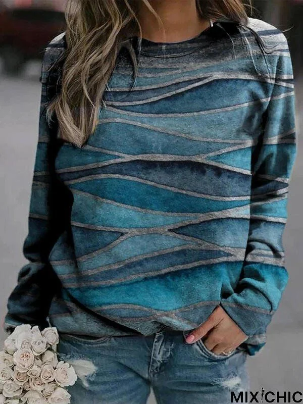 Casual Long Sleeve Wave Printed Sweatshirt