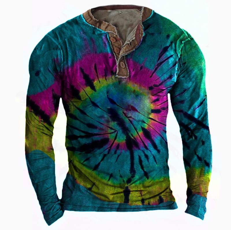 Men's Outdoor Tie Dye Printed Long Sleeve Henley Shirt-Compassnice®