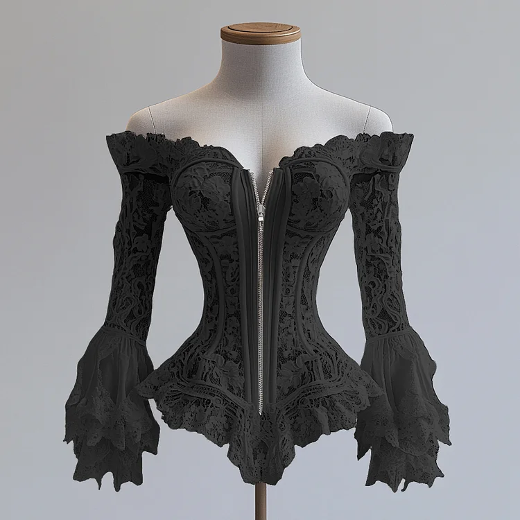 Ursime Lace Off Shoulder Flare Sleeve Irregular Hem Zipper Blouse