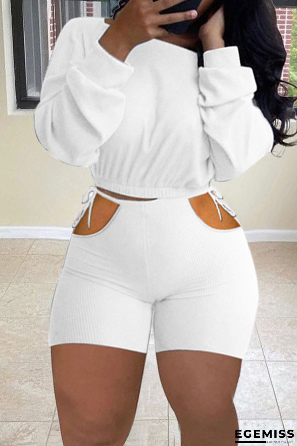 White Fashion Sexy Solid Hollowed Out Strap Design O Neck Long Sleeve Two Pieces | EGEMISS