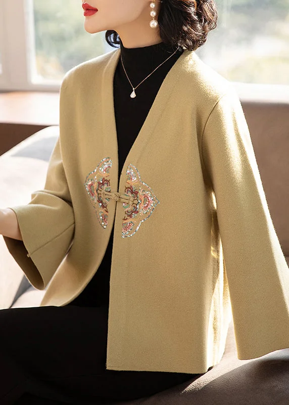 New Khaki V Neck Embroideried Patchwork Wool Coats Fall