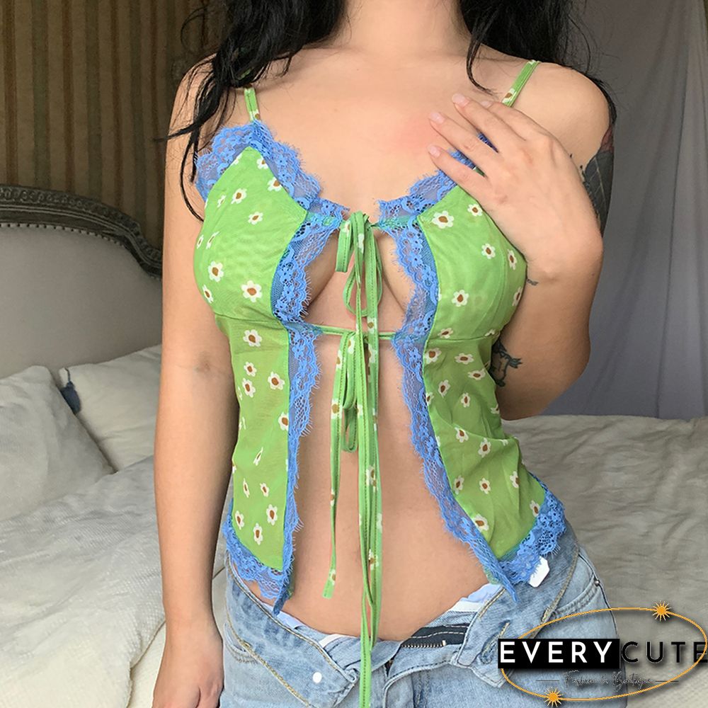 Hollow Out Lace Trim Top Sexy Cute Fairycore Green Summer Cropped Tops Y2k Floral Print Kawaii V Neck Tie Up Cami