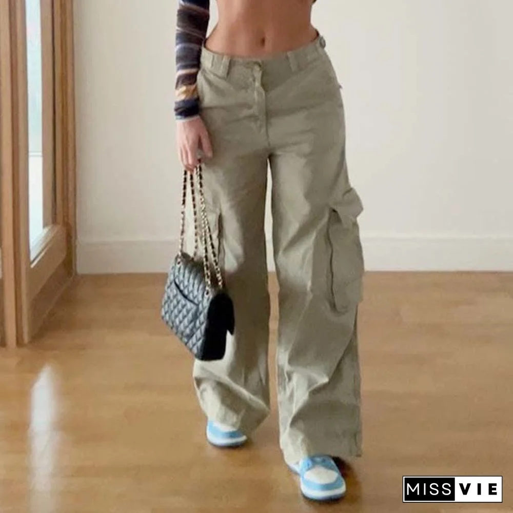 Vintage Pure Color Multi Pocket Cargo Denim Pants