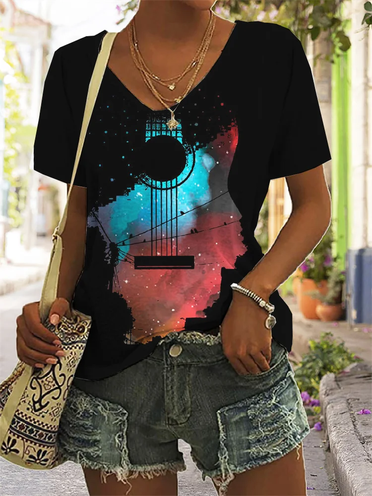 Guitar With Starry Sky Scenery T Shirt