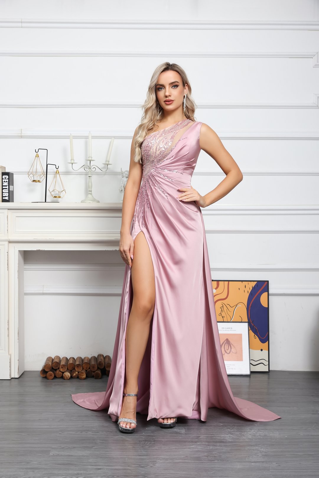 Daisda Elegant One Shoulder Split Stain Sleeveless Prom Dress