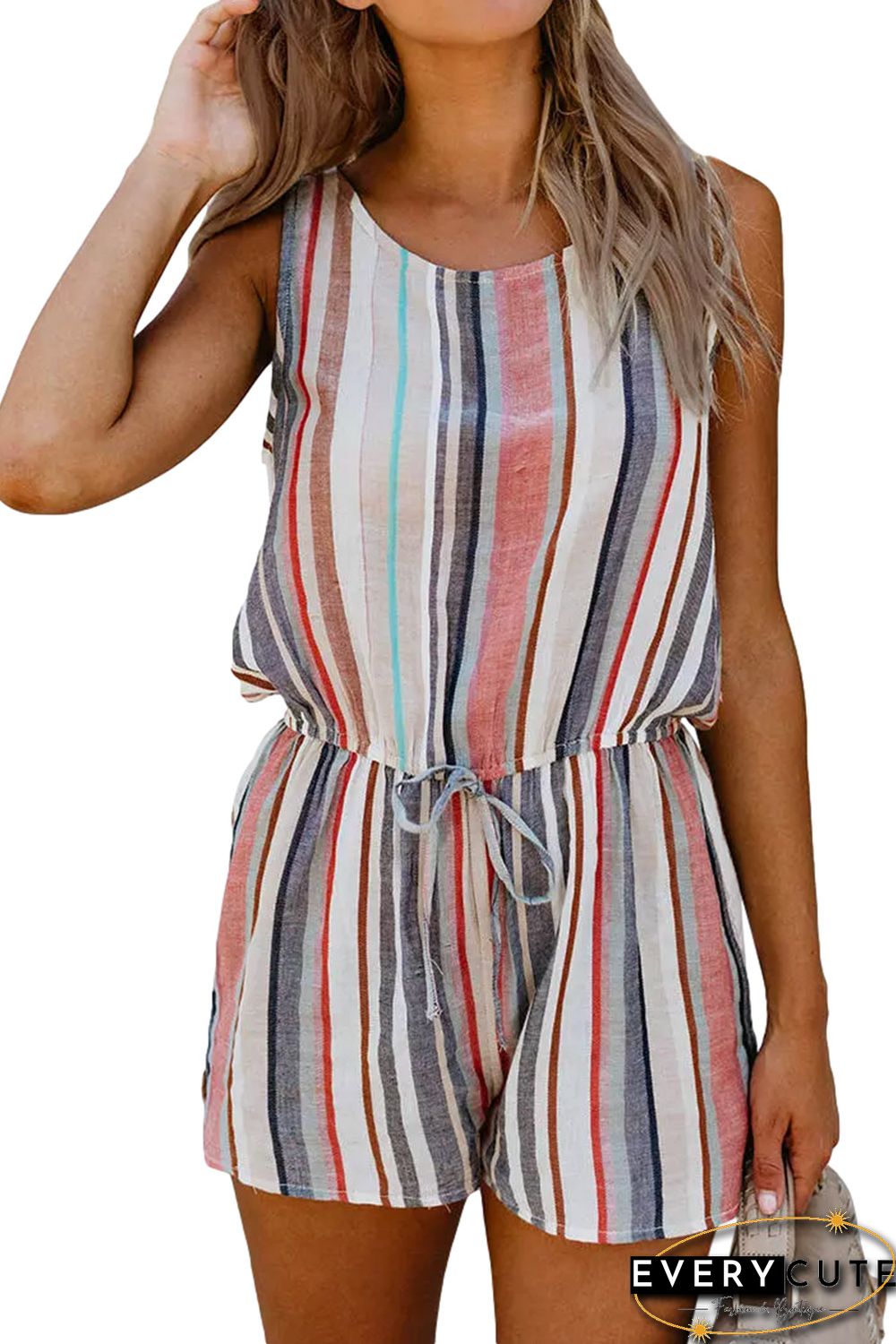 Striped Drawstring O-Neck Sleeveless Romper