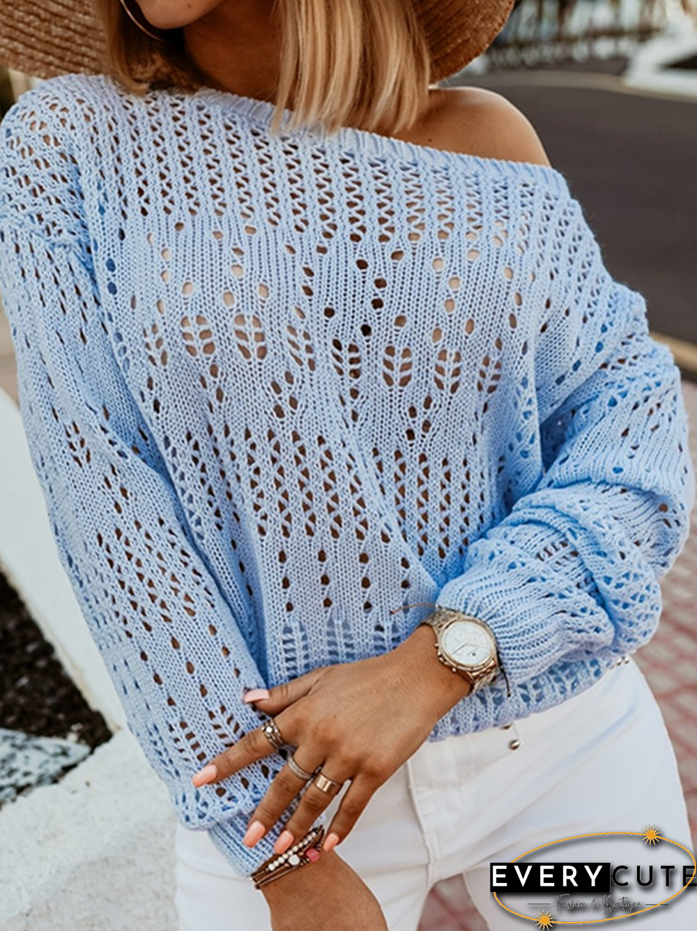 Casual Plain Autumn Knitted One Shoulder Micro-Elasticity Daily Loose Standard Sweater for Women