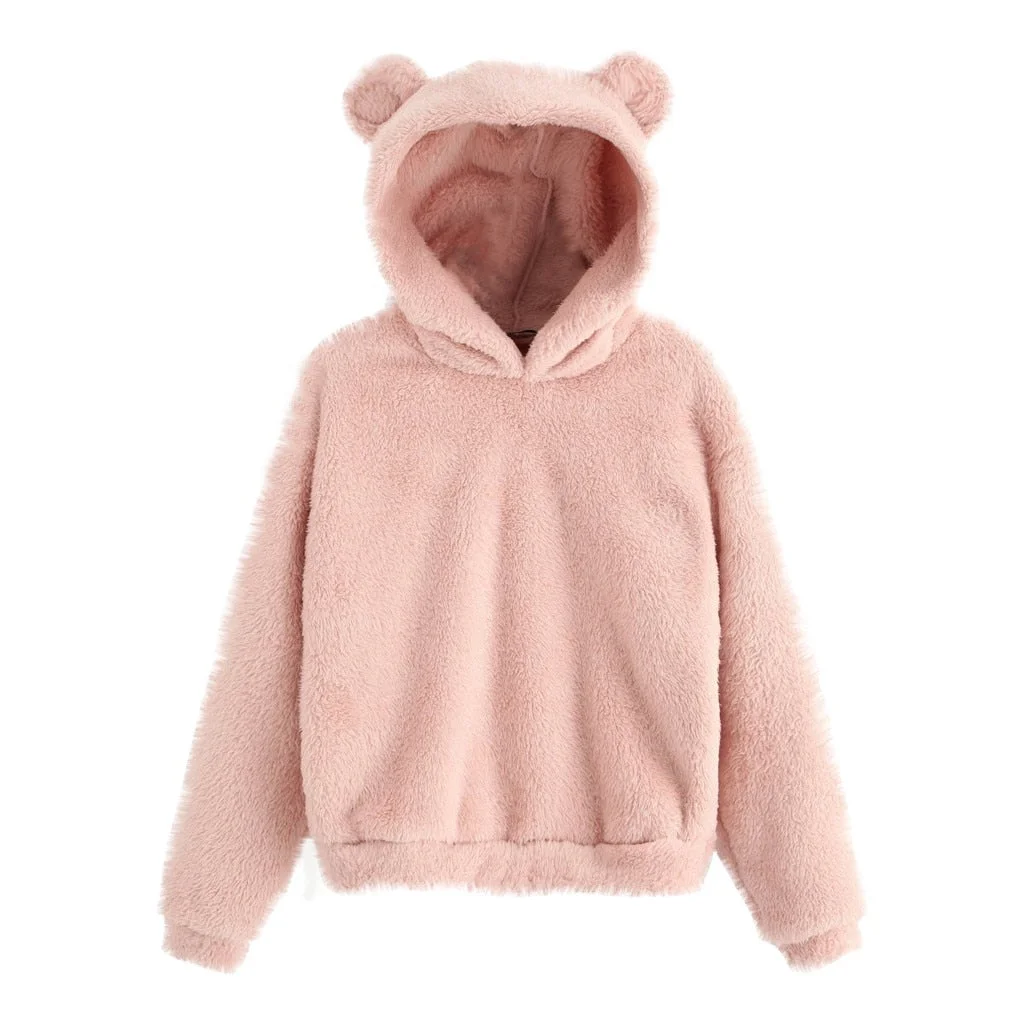 Fleece Teddy Hoodies Women Sweatshirt Long Sleeve Sweatshirt Warm Bear Ear Hooded Plush Hoodie Pullover Women Winter Outerwear