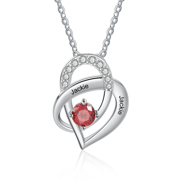 Personalized Heart Necklace with 1 Birthstone Engraved 2 Names