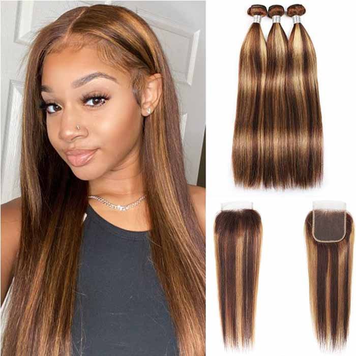 P4/27 Highlight Straight Hair Bundles with Closure Ombre Human Hair Bundles Extensions with Transparent Lace Closure US Mall Lifes