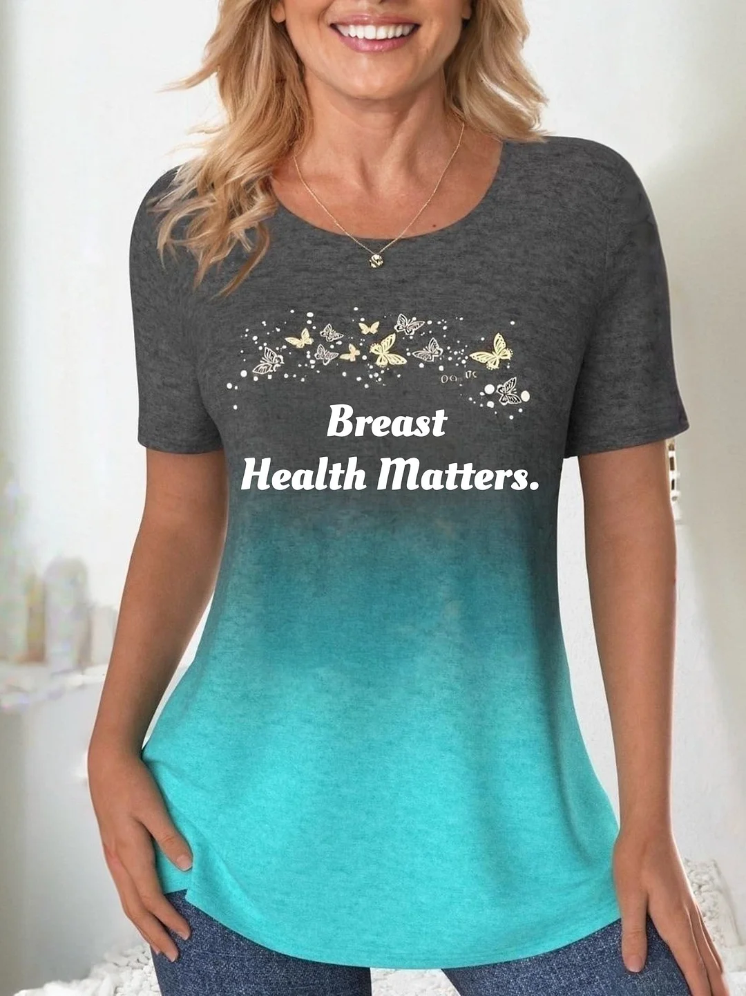 Women Gradient Short Sleeve Round-neck Black and Blue T-shirt Printed With  Breast Health Matters.