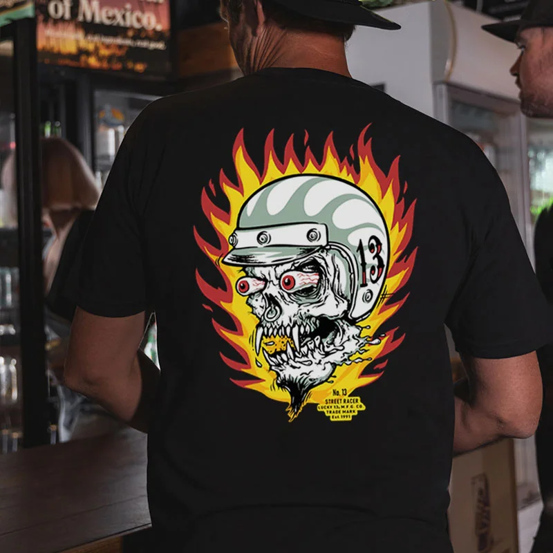 No.13 Helmet Fire Skull Print Men's T-shirt