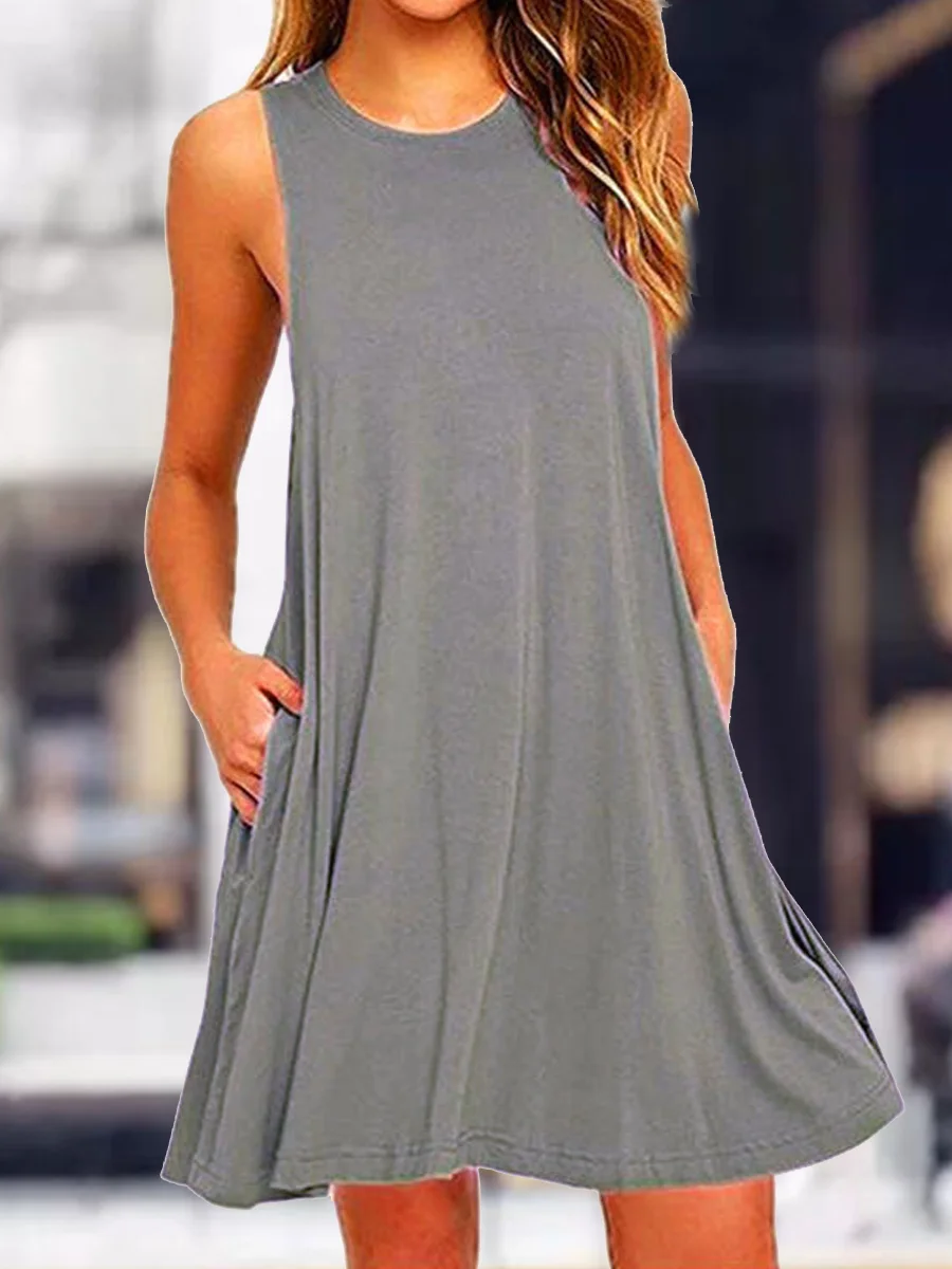 Casual Solid Color Round Neck Dress-inspireuse