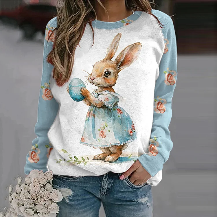 Women's Long Sleeve Casual Cute Bunny Print Sweatshirt