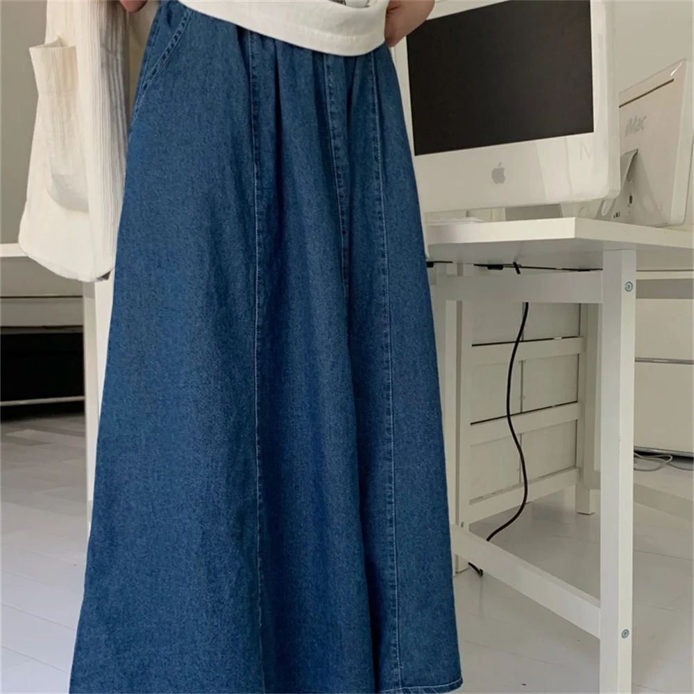 Jangj Alien Kitty Loose Elastic Waist Pockets A-Line Women Skirts All Match 2022 New Jeanswear Hot Stylish Casual Summer Denim Chic