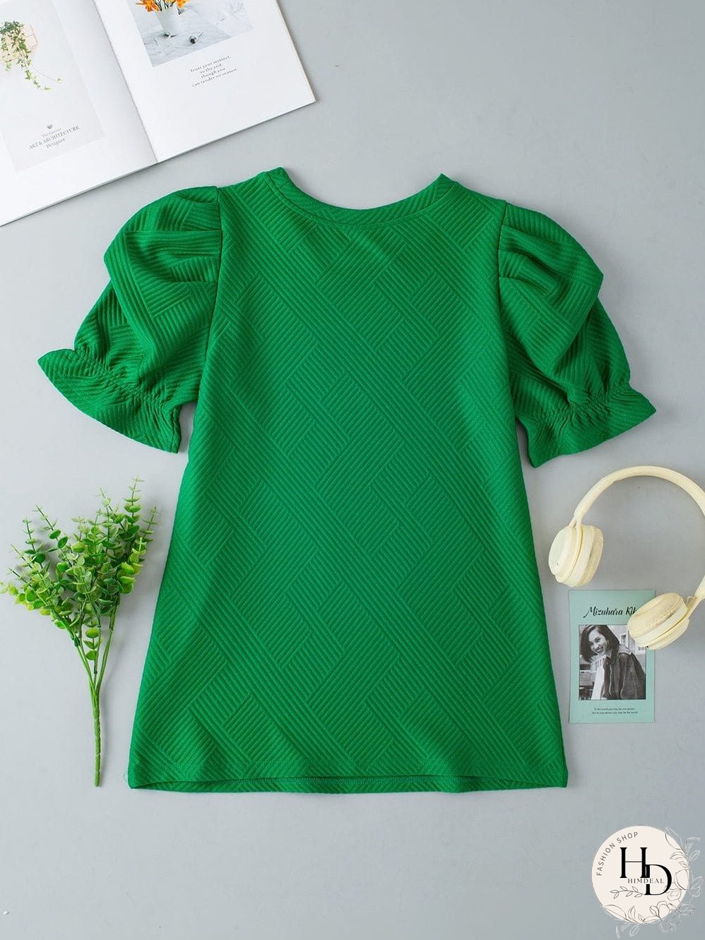 Elegant Dark Green Ruffled Textured Puff Sleeve Blouse