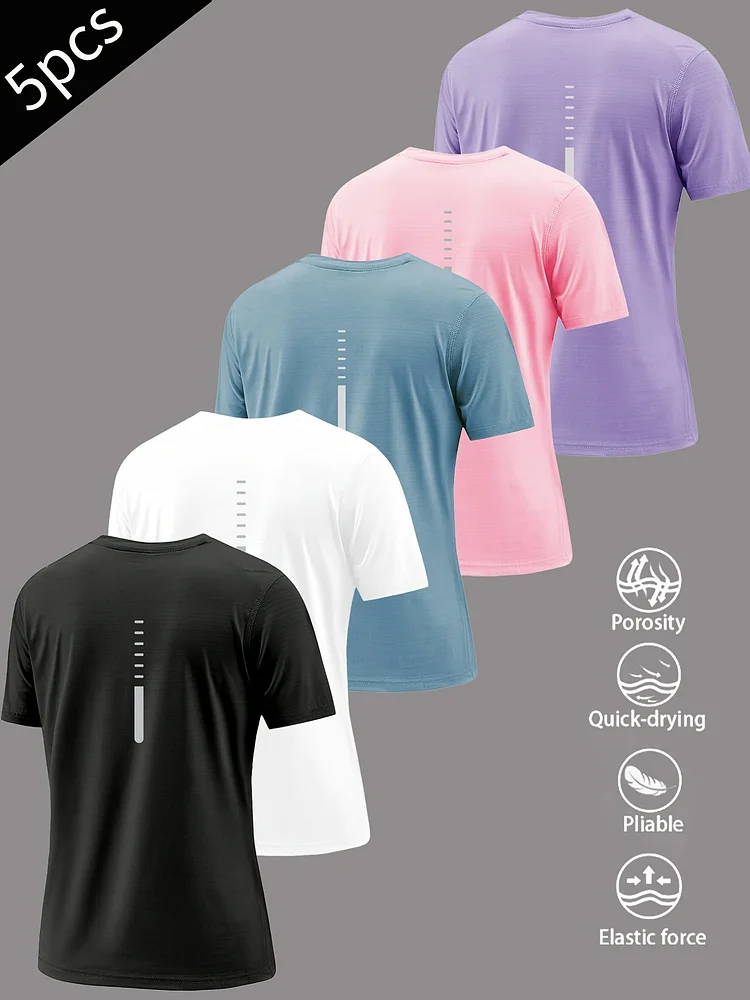 5pcs Women's Quick-Dry Moisture-Wicking Athletic T-Shirts - Breathable Stretchy Workout Tees With Geometric Print, Elastic Neckline & Lightweight Fabric For Running Gym Training, Summer Casual Wear Assorted Colors), Workout Shirts, Fitness Apparel