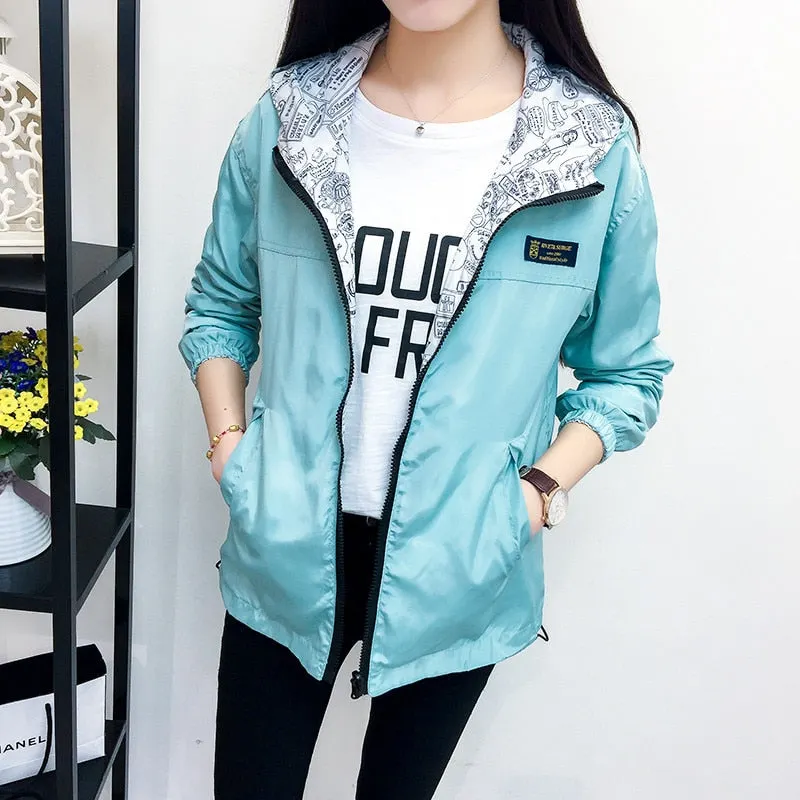 Spring Autumn Fashion women Bomber women Jacket Pocket Zipper Hooded Two Side Wear Outwear Loose Plus Size Windbreaker Famale