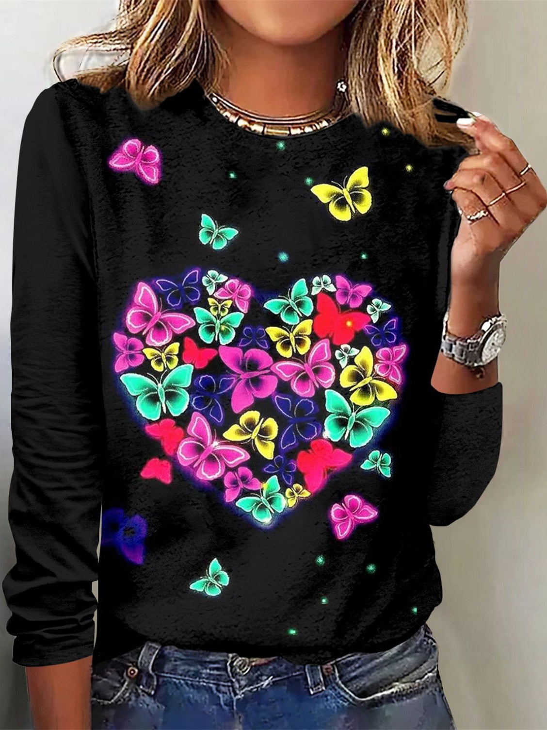Women Long Sleeve V-neck Graphic Floral Printed Top