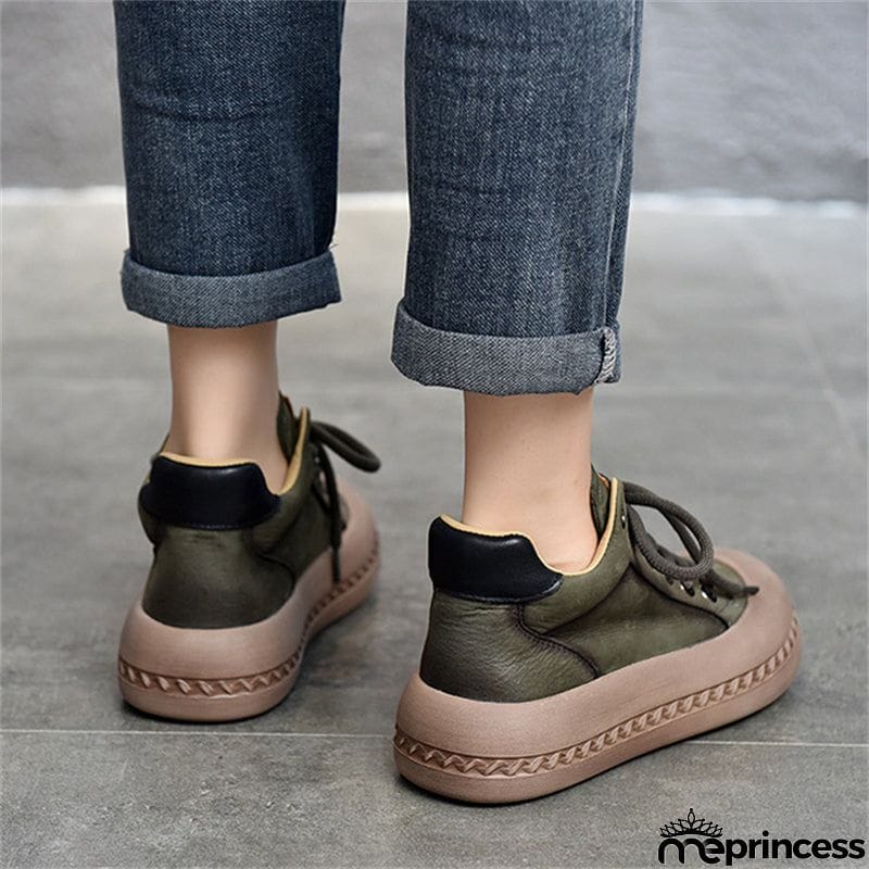 Genuine Leather Retro High Top Thick-soled  Lady Shoes
