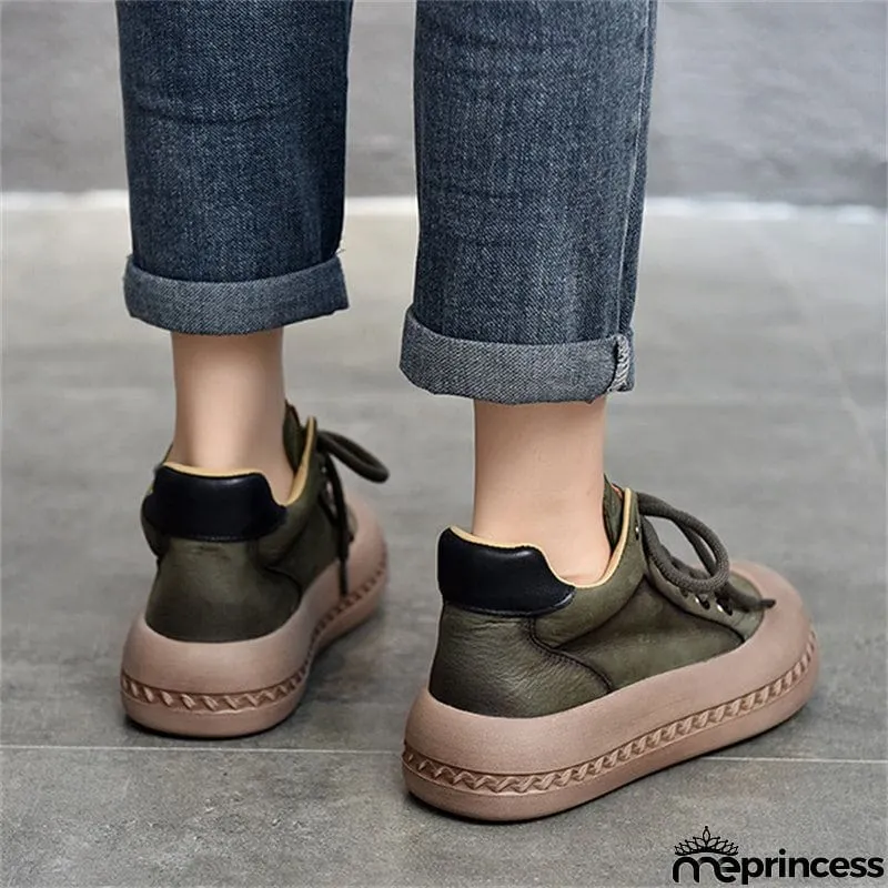 Genuine Leather Retro High Top Thick-soled  Lady Shoes