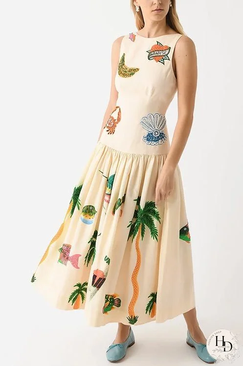 Meridress Sleeveless Tropic Print Open Back Ruffle Maxi Dress