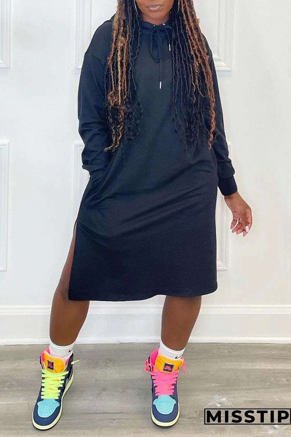 White Casual Solid Patchwork Slit Hooded Collar Straight Dresses