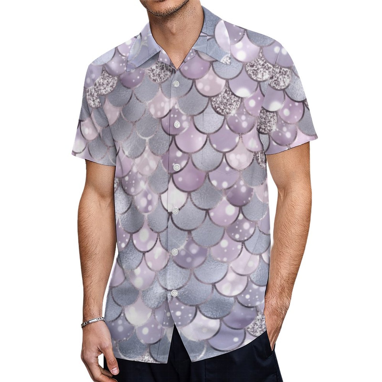 Glam Purple Bokeh Mermaid Scales Patterned Hawaiian Shirt Mens Button Down Tropical Hawaii Beach Shirts