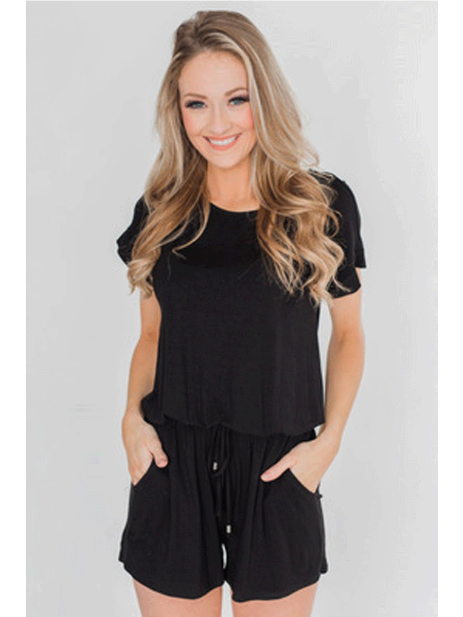 Short Sleeve Romper With Elastic Waist Tie